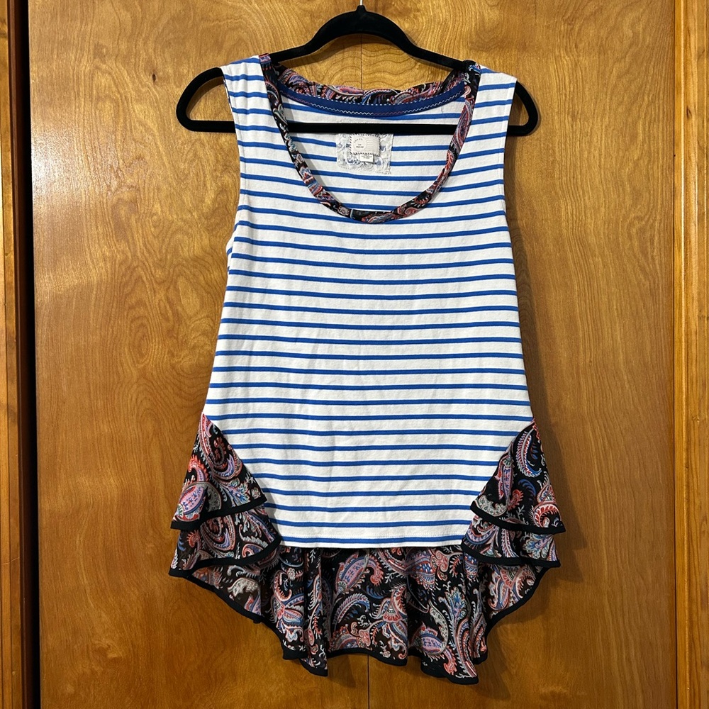 Anthropologie White & Blue Striped Tank with Paisley Ruffle Hem